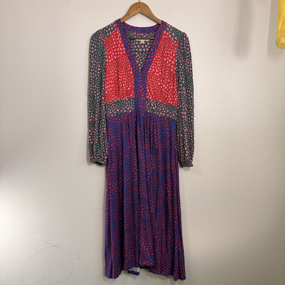 Boden Lily Long Sleeve Midi Hearts Dress Sz 6P Multicolor V Neck Modest Flowy